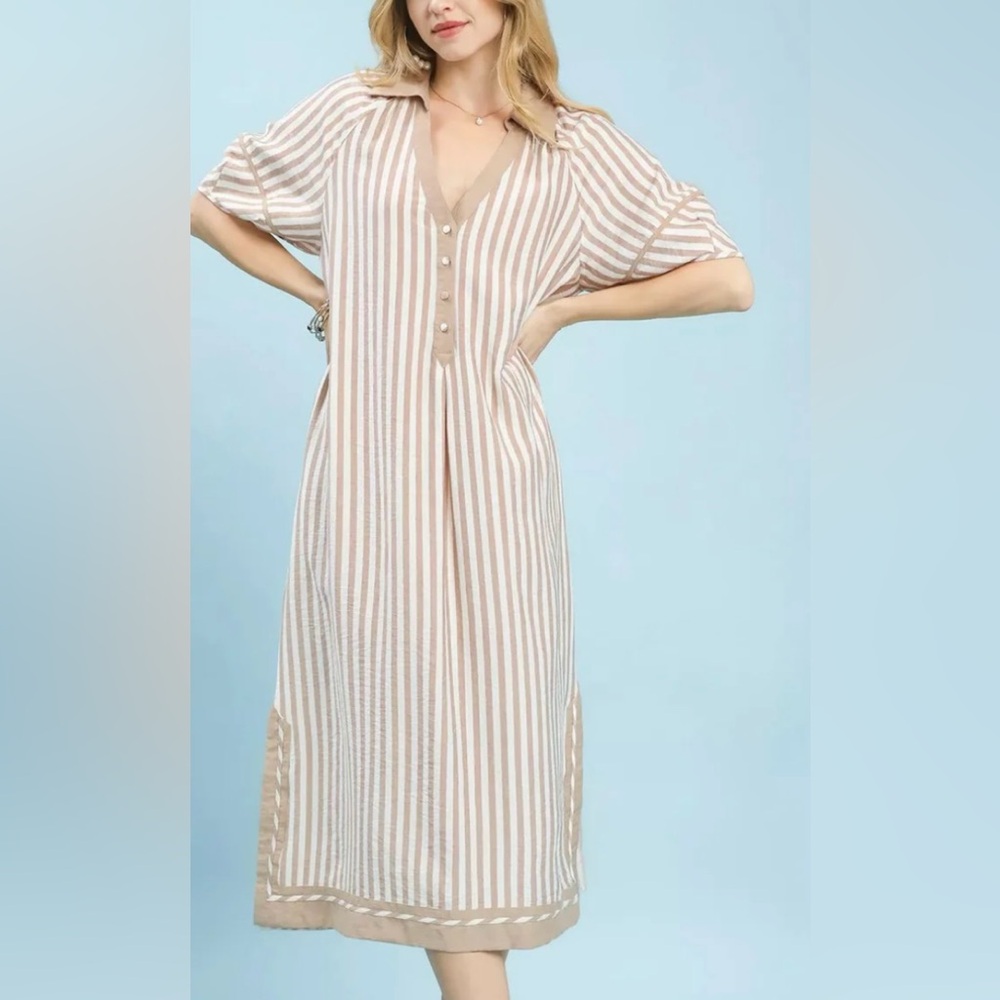 Umgee Beige and White Striped Dress - Picture 1 of 5